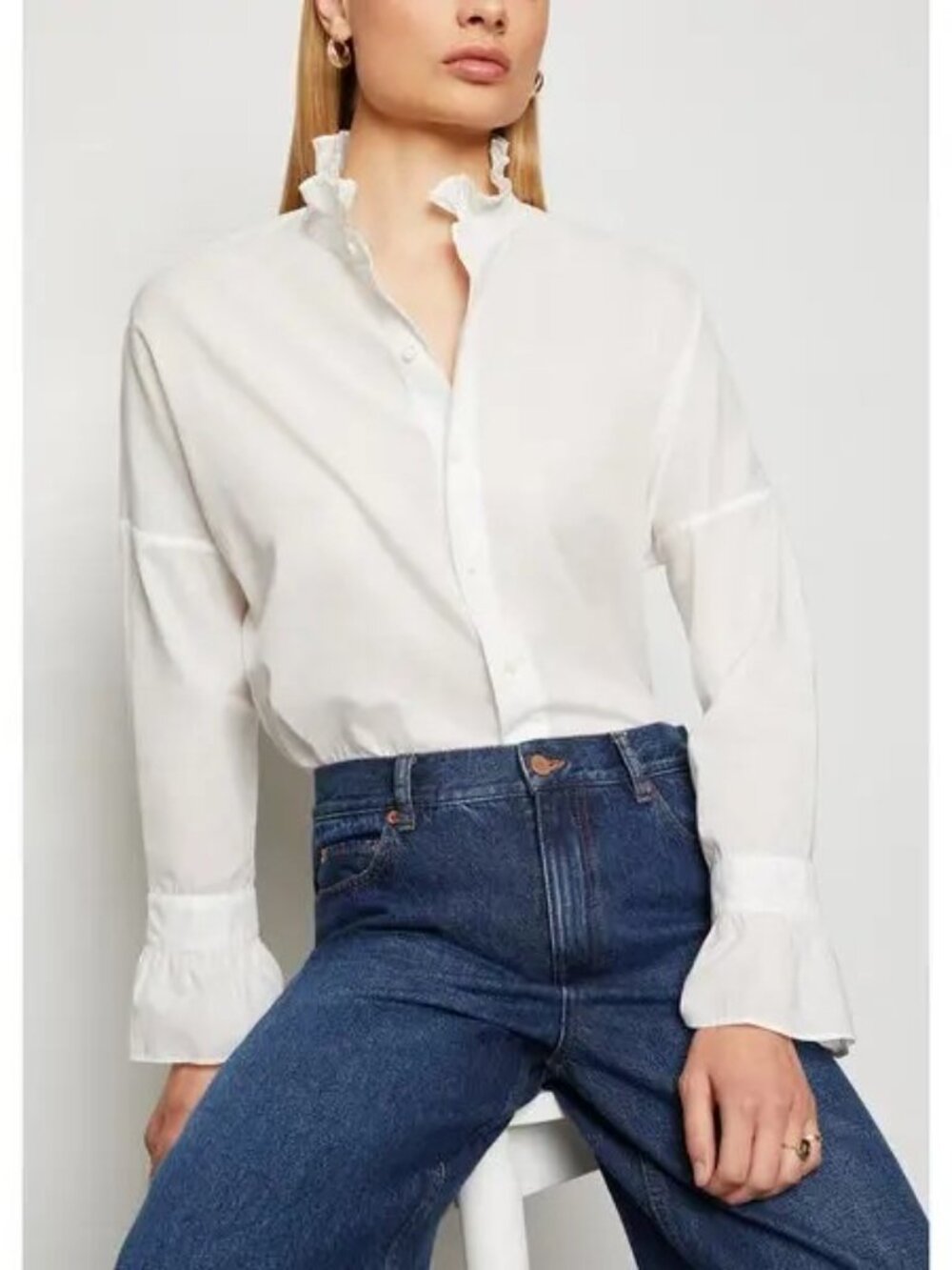Alex Mill Easy Ruffle L/S Button Front Shirt White Paper Poplin Size Small